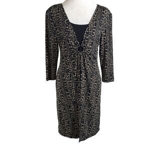 GNW Dress Womens 10 Two Fer Stretch 3/4 Sleeves Work Church Black Beige Flowy